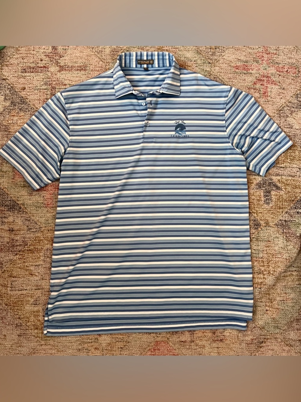 Peter Millar Light Blue and Navy Striped Polo Casa De Campo Large